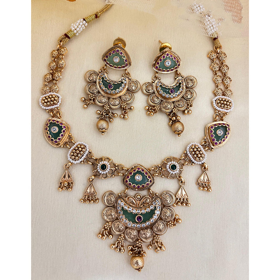 Pota Stone and Pearl Necklace in Antique Silver | Bridal Jewellery India