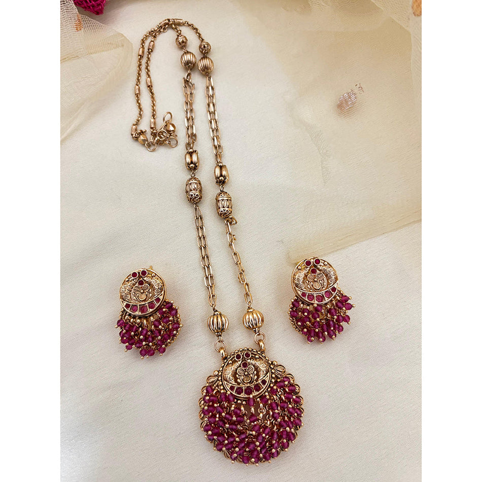 Pota Stone Long Necklace in Gold Tone | Bridal Jewellery India