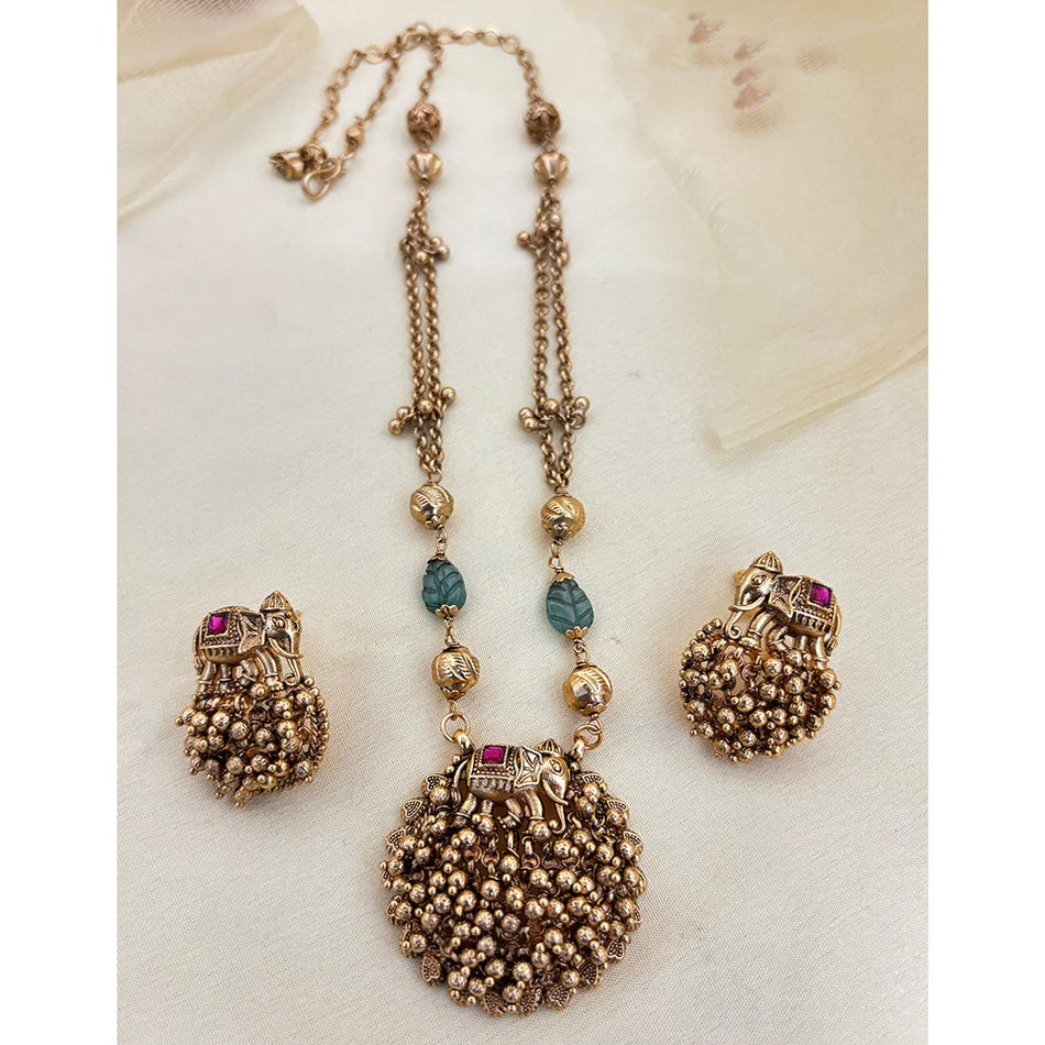 Pota Stone Long Necklace in Rose Gold Plated | Bridal Jewellery India