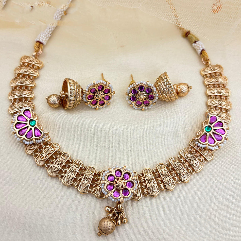 Elegant Pota Stone Necklace in Rose Gold Plated | Bridal Jewellery India