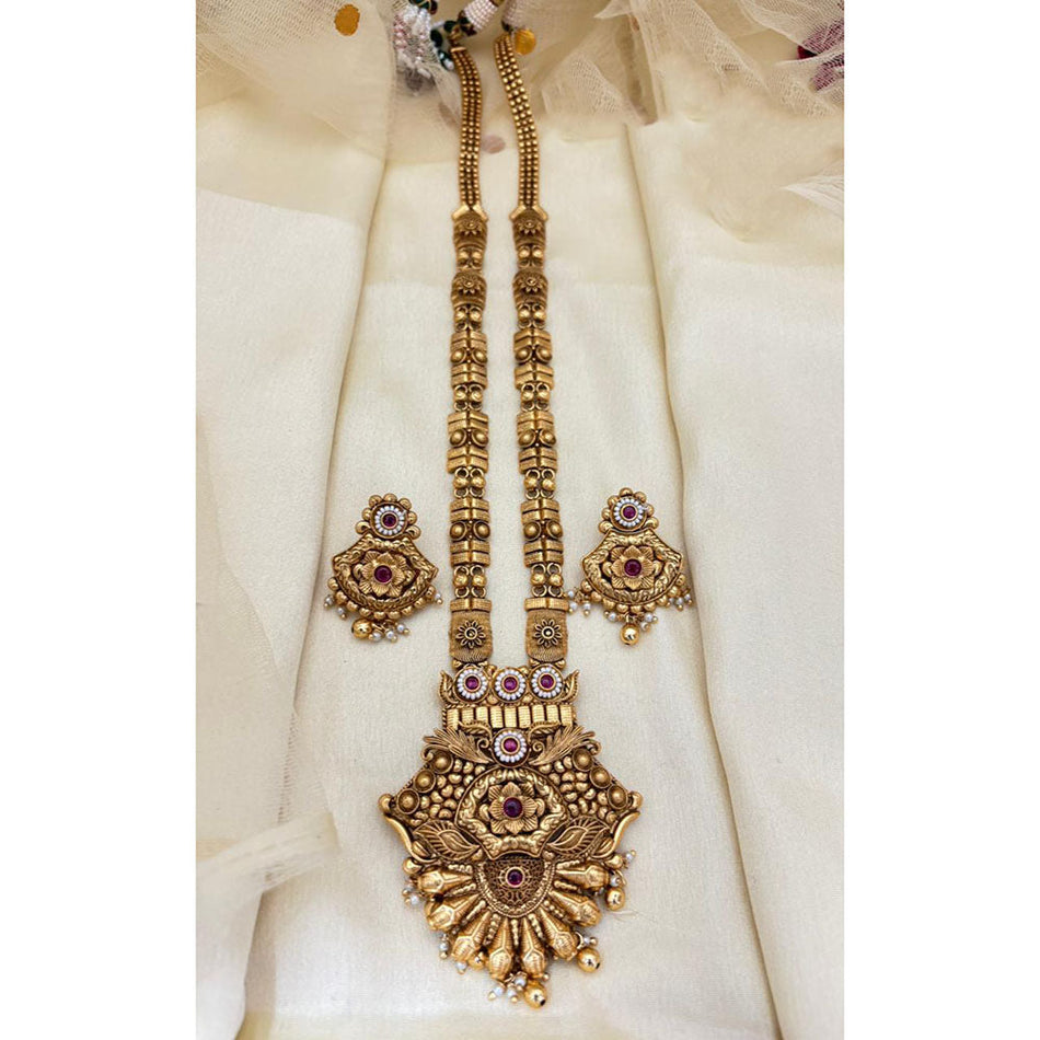 Rose Gold Plated Floral Pota Stone Pearl Set | Bridal Jewellery India