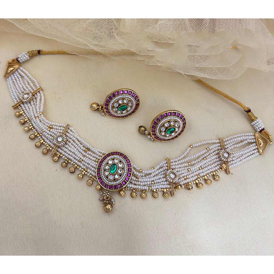 Designer Pota Stone and Pearl Choker Necklace | Bridal Jewellery India