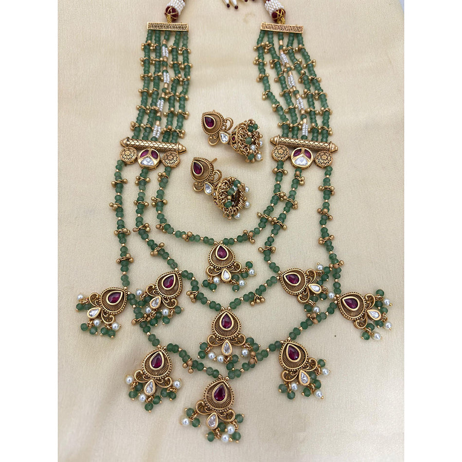 Rose Gold Plated Pota Stone Earrings with Pearl Necklace Set | Bridal Jewellery India