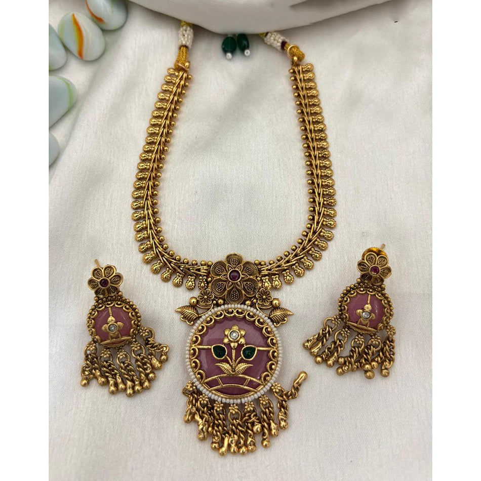 Pota Stone and Pearl Necklace in Rose Gold Plated | Bridal Jewellery India