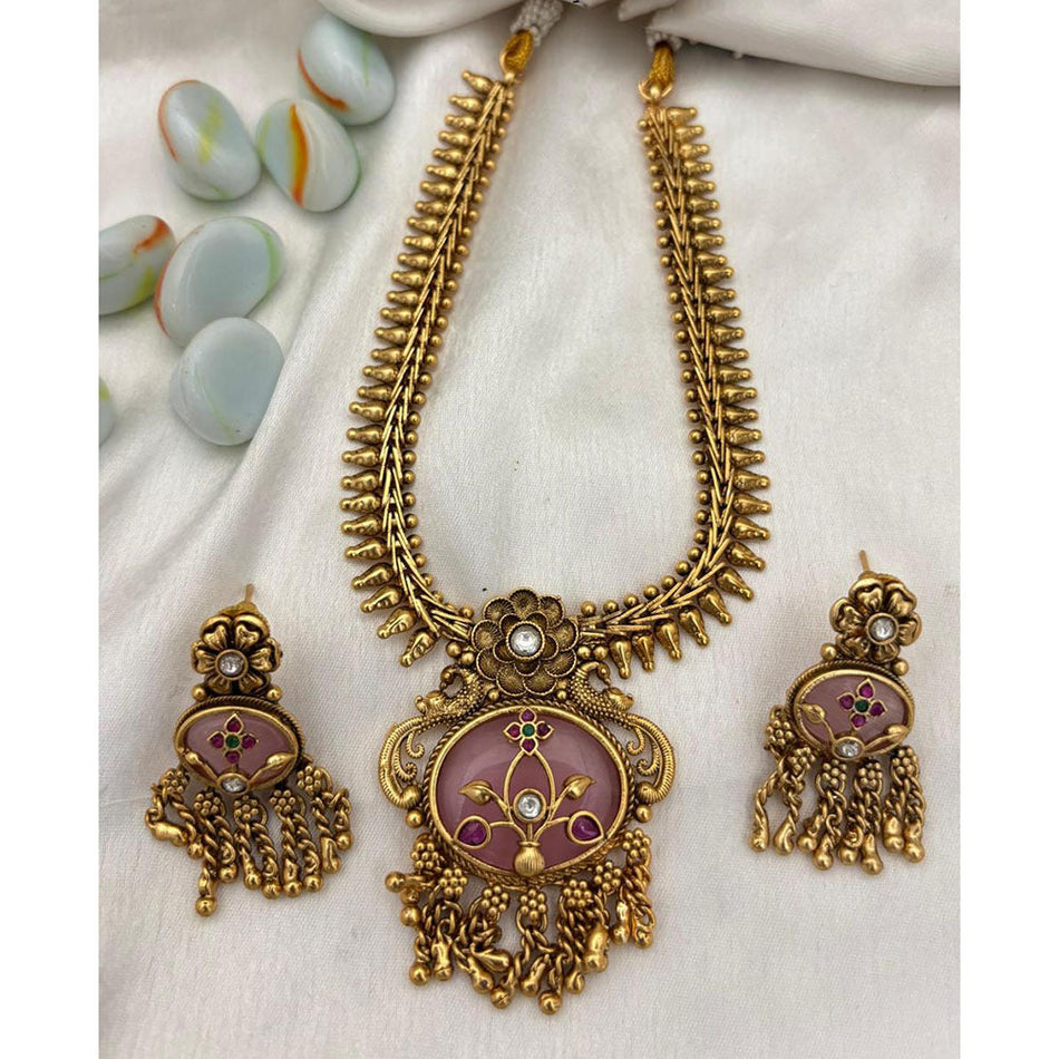 Designer Rose Gold Plated Pota Stone and Pearl Necklace Set | Bridal Jewellery India