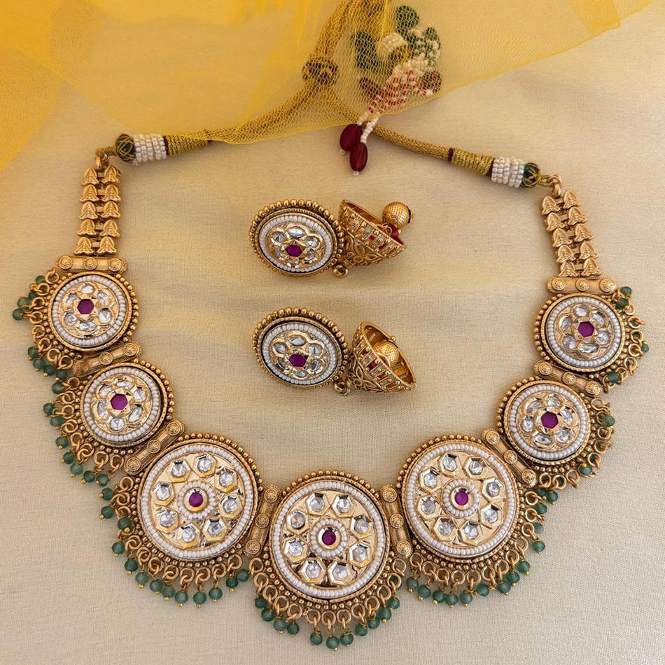 Pota Stone and Pearl Necklace in Rose Gold Plated | Bridal Jewellery India