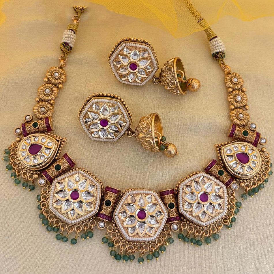 Pota Stone and Pearl Necklace in Sterling Silver | Bridal Jewellery India