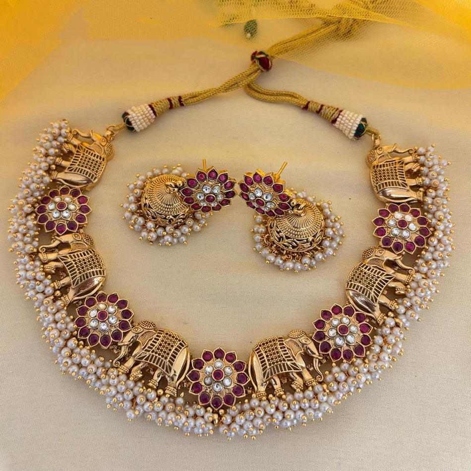 Ethnic Gold Plated Elephant Necklace with Pota Stone | Bridal Jewellery India