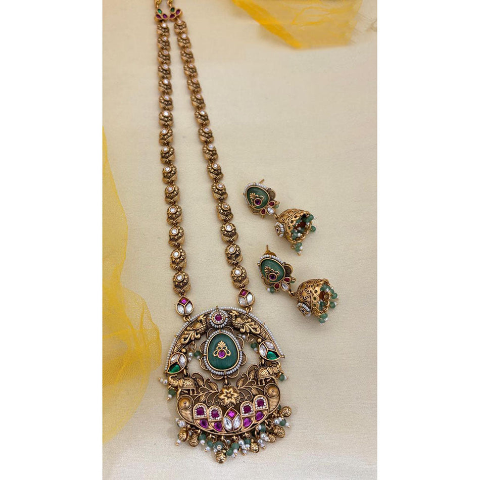 Designer Pota Stone Long Necklace in White Gold Plated | Bridal Jewellery India