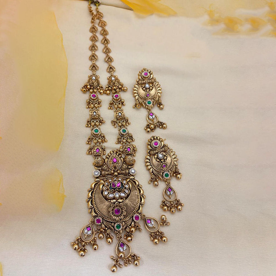 Pota Stone Long Necklace in Rose Gold Plated | Bridal Jewellery India