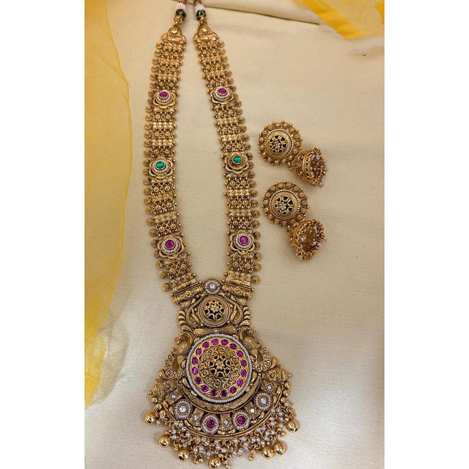 Pota Stone Long Necklace in Rose Gold Plated | Bridal Jewellery India