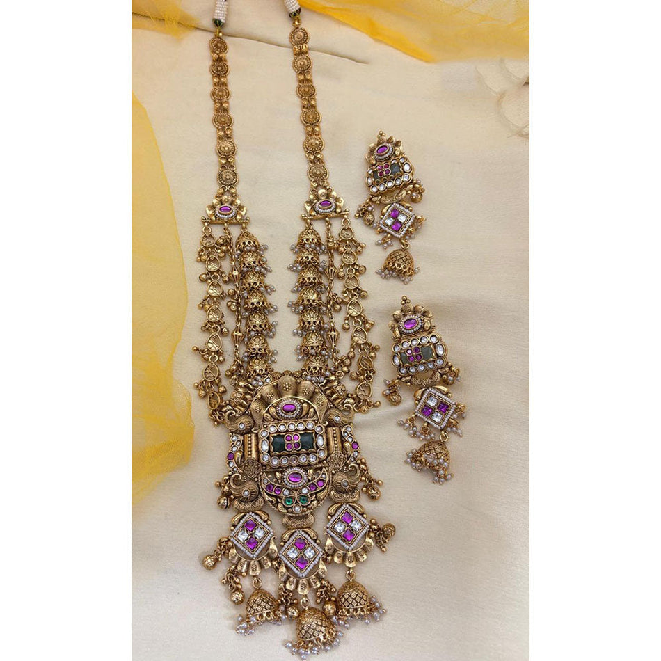 Pota Stone Long Necklace in Rose Gold Plated | Bridal Jewellery India