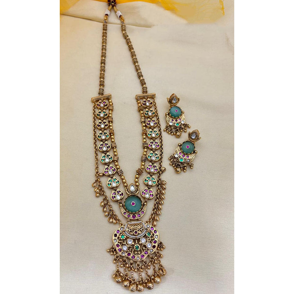 Designer Pota Stone Long Necklace in Pearl | Bridal Jewellery India
