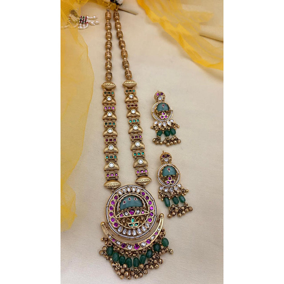Designer Pota Stone Long Necklace in Pearl | Bridal Jewellery India