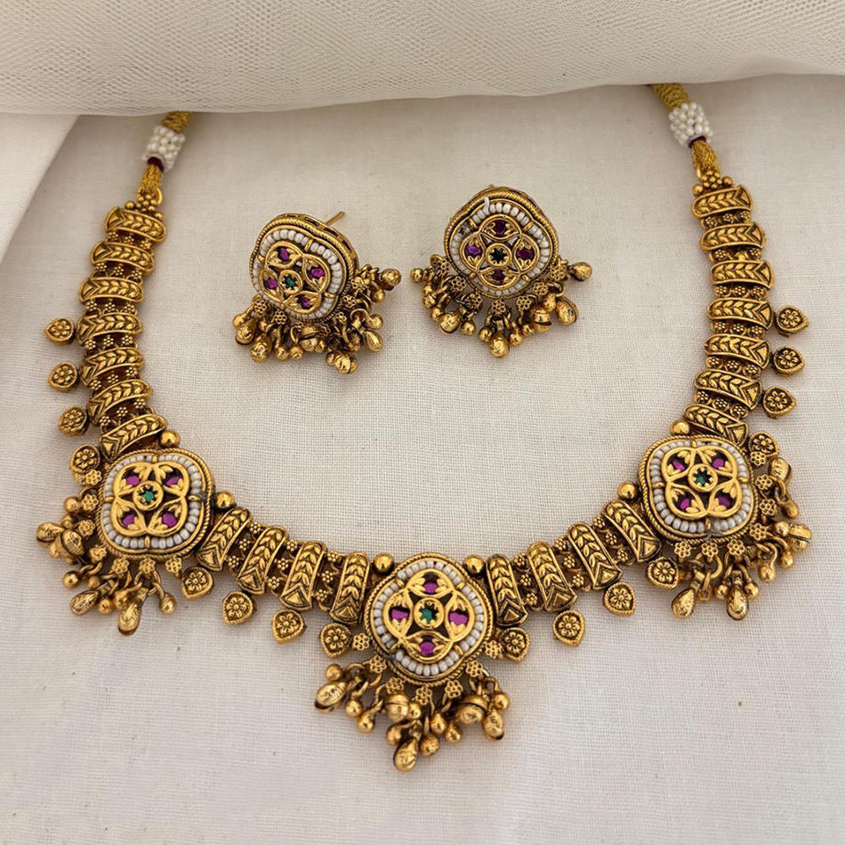 Designer Rose Gold Plated Pota Stone and Pearl Necklace Set | Bridal Jewellery India