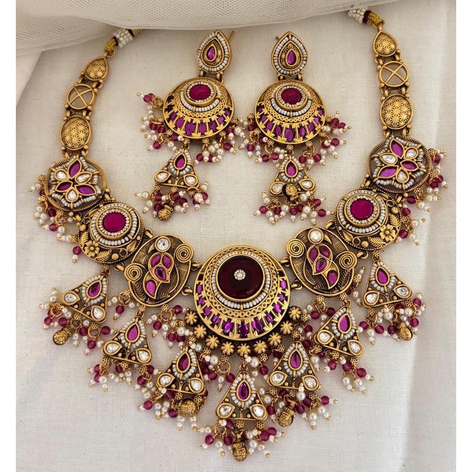 Pota Stone and Pearl Necklace in Oxidised Silver | Bridal Jewellery India