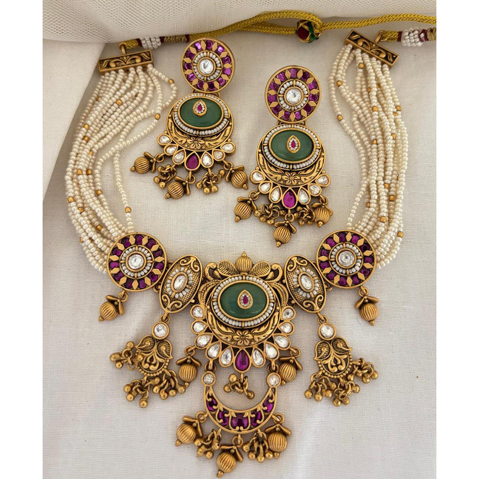 Pota Stone Pearl Necklace in Gold Tone | Bridal Jewellery India