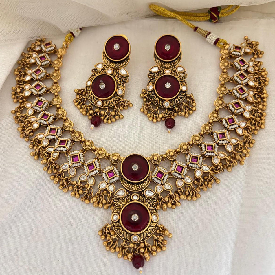 Pota Stone Necklace in Oxidised Silver | Bridal Jewellery India
