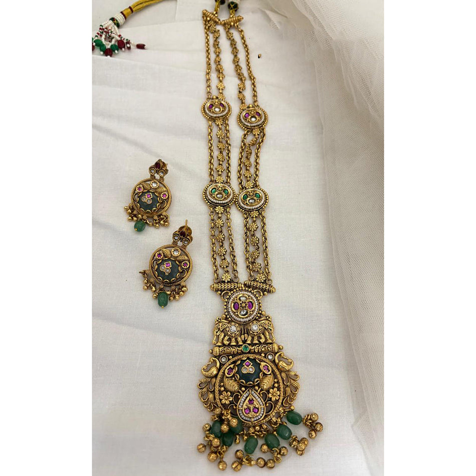 Rose Gold Plated Pota Stone Long Necklace | Bridal Jewellery India