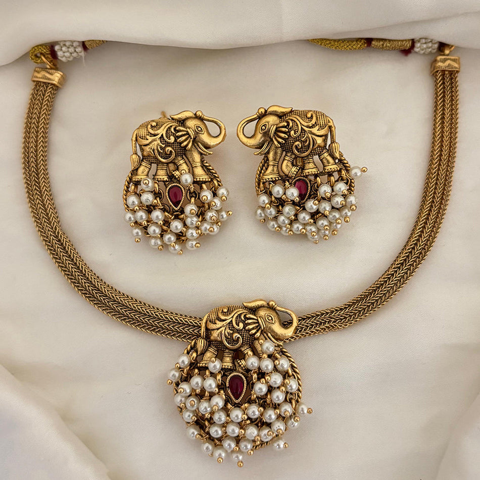 Ethnic Elegance Rose Gold Plated Elephant Pearl Necklace Set | Bridal Jewellery India