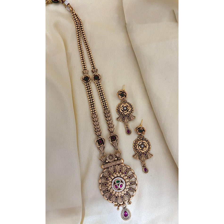 Ethnic Rose Gold Plated Long Necklace with Pearl Stone | Bridal Jewellery India