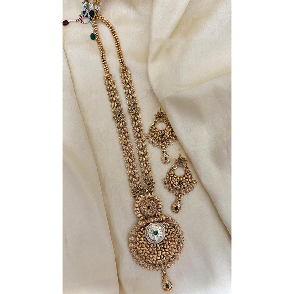 Ethnic Gold Plated Pota Stone Long Necklace Set | Bridal Jewellery India
