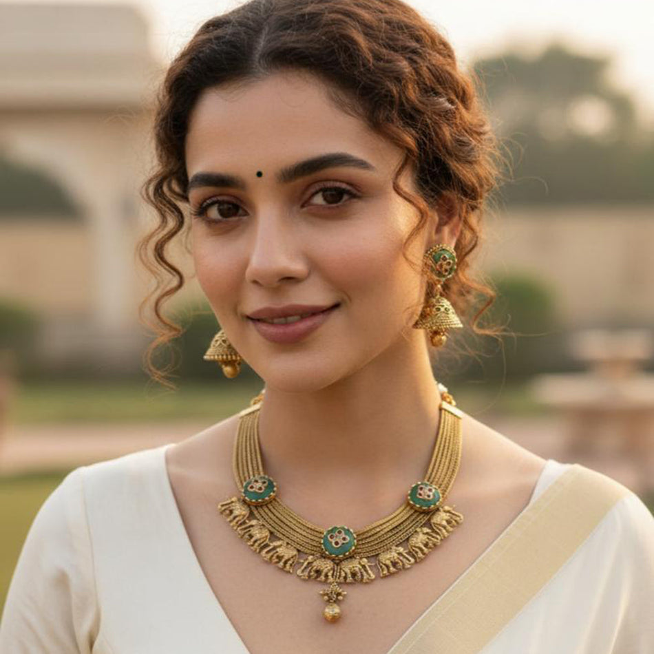 Pota Stone Pearl Necklace in Gold Plated | Bridal Jewellery India