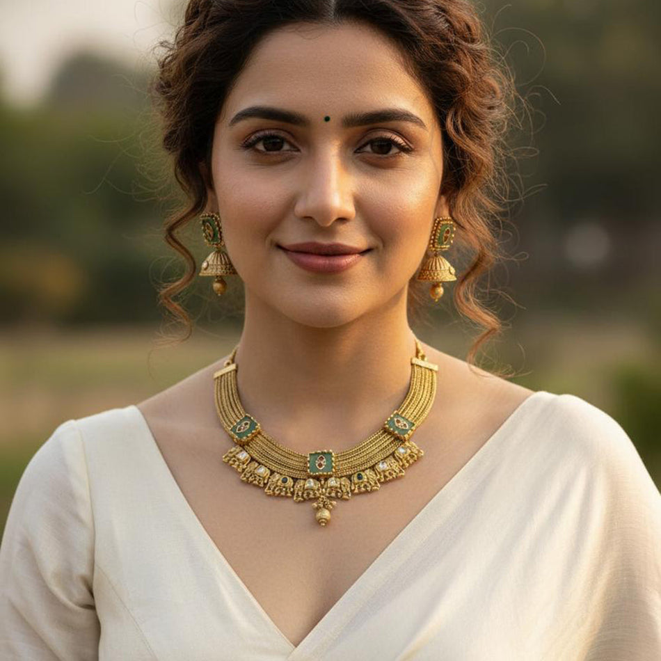 Pota Stone and Pearl Necklace in Oxidised Silver | Bridal Jewellery India