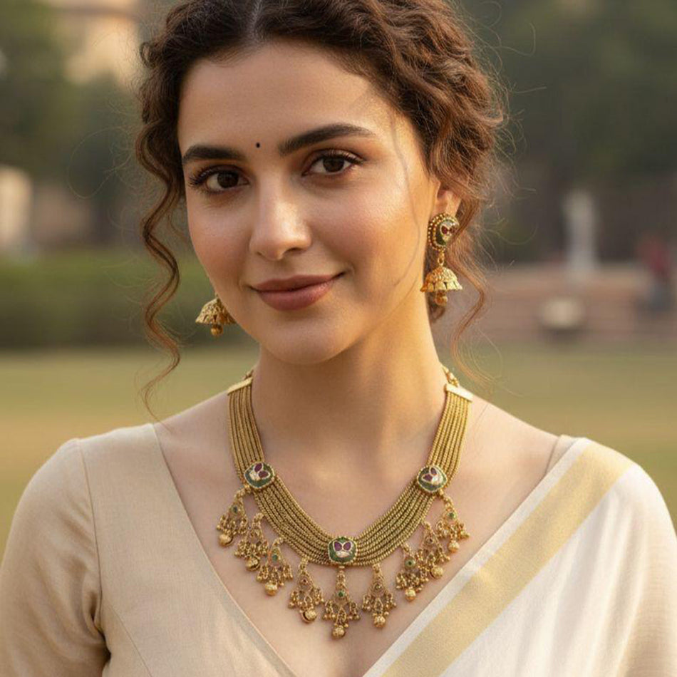 Pota Stone and Pearl Necklace in White Gold Plated | Bridal Jewellery India