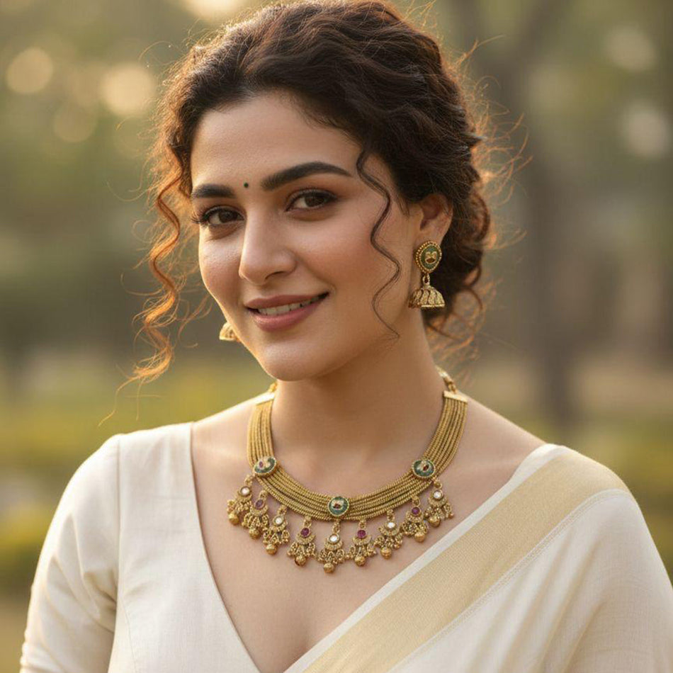 Pota Stone and Pearl Necklace in Oxidised Silver | Bridal Jewellery India