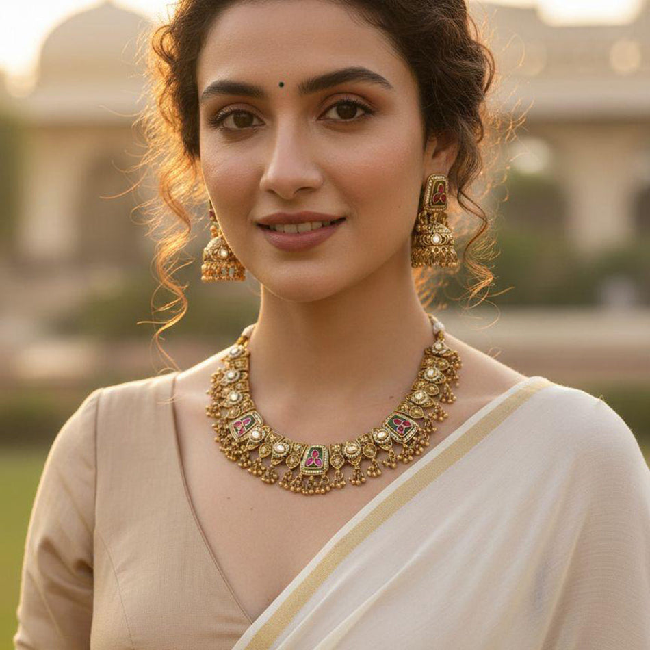 Pota Stone and Pearl Necklace in Sterling Silver | Bridal Jewellery India