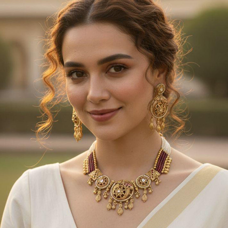 Pota Stone and Pearl Necklace in Oxidised Silver | Bridal Jewellery India