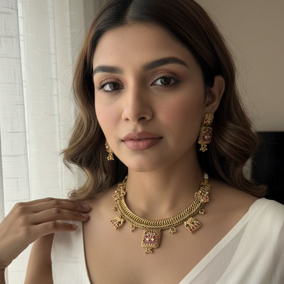 Pota Stone Pearl Necklace in 18K Gold Plated | Bridal Jewellery India