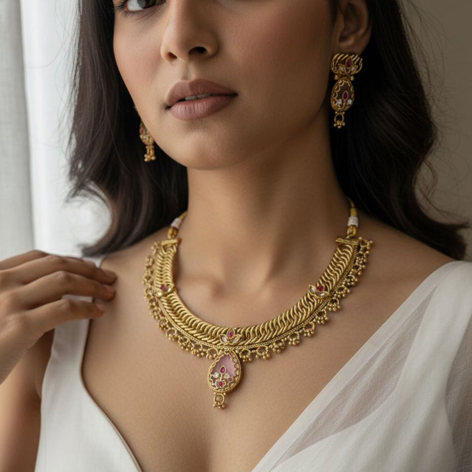 Rose Gold Plated Pota Stone Necklace Set | Bridal Jewellery India