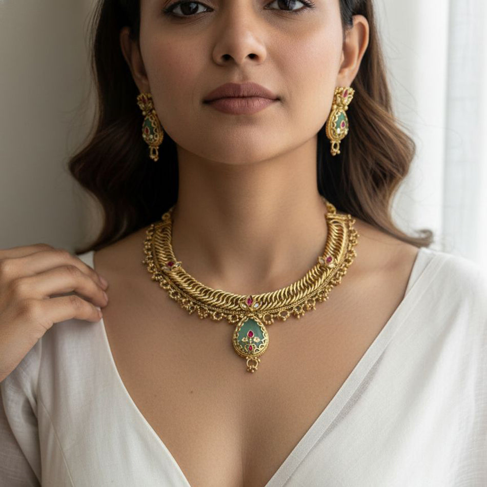 Rose Gold Plated Pota Stone Necklace Set | Bridal Jewellery India
