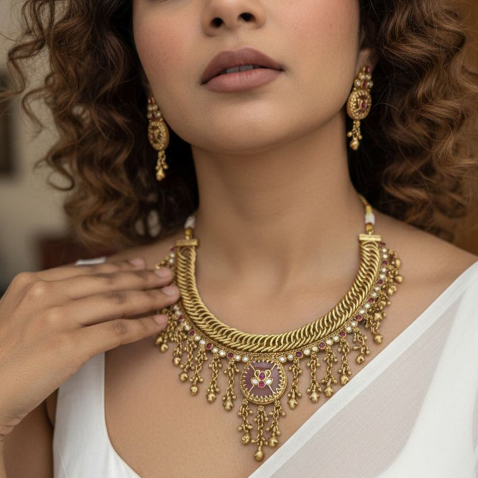 Pota Stone and Pearl Necklace in Rose Gold Plated | Bridal Jewellery India