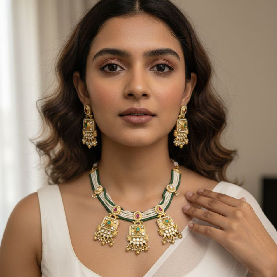 Pota Stone and Pearl Necklace in Sterling Silver | Bridal Jewellery India