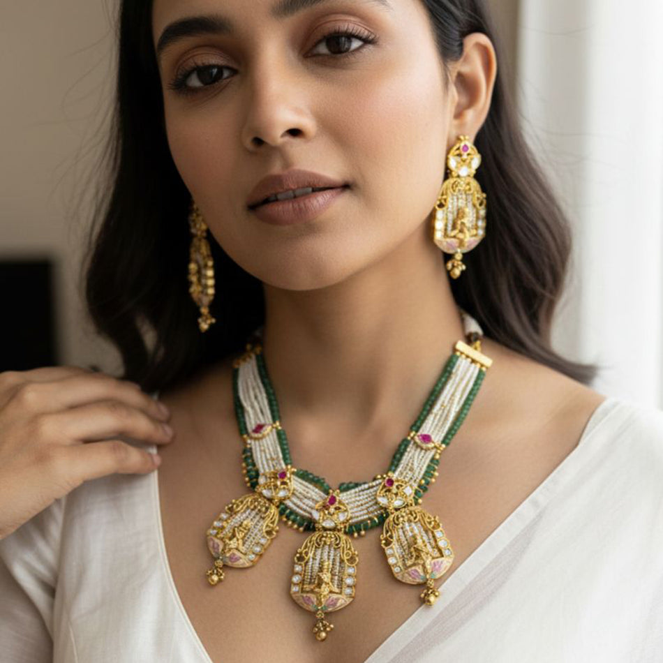Pota Stone and Pearl Necklace in 14K Gold Plated | Bridal Jewellery India