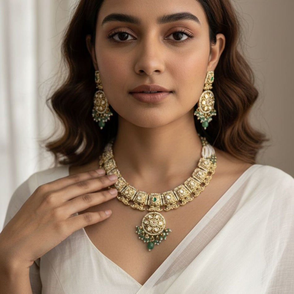 Pota Stone and Pearl Necklace in Rose Gold Plated | Bridal Jewellery India