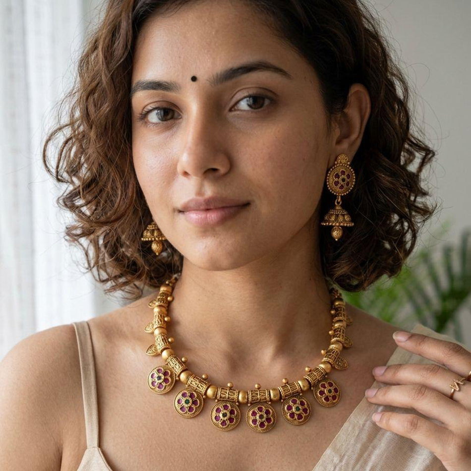 Pota Stone and Pearl Necklace in 18K Gold Plated | Bridal Jewellery India