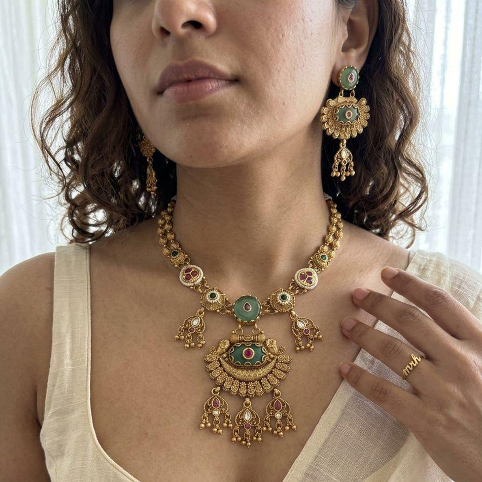 Pota Stone and Pearl Necklace in White Gold Plated | Bridal Jewellery India