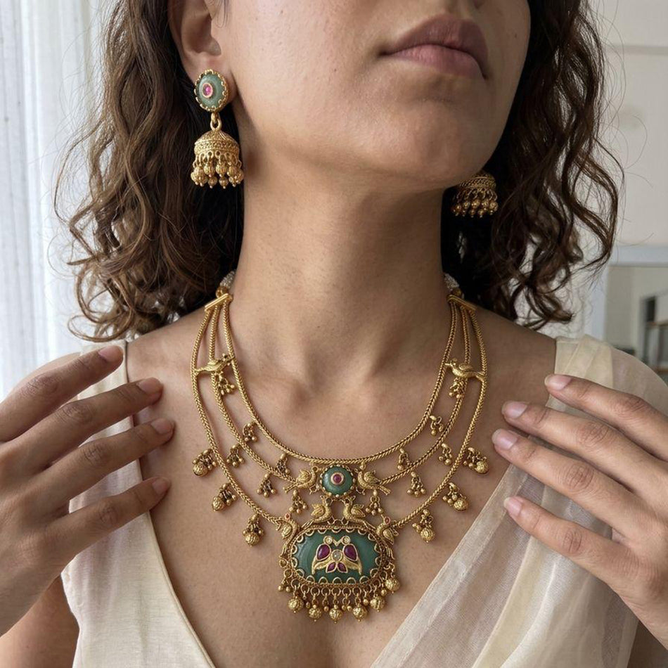 Pota Stone   Pearl Necklace in 18K Gold Plated | Bridal Jewellery India