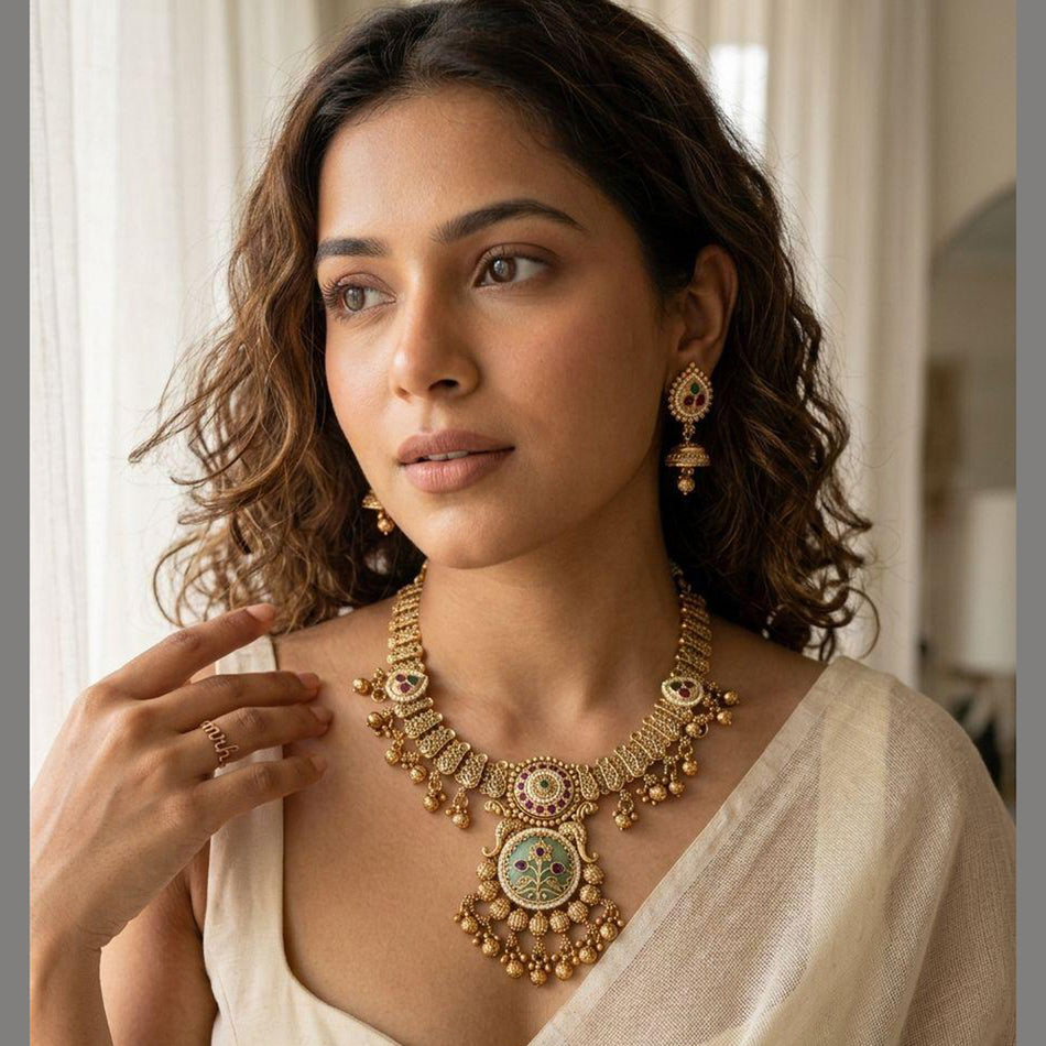 Pearls   Pota Stones Necklace in Gold Plated | Bridal Jewellery India