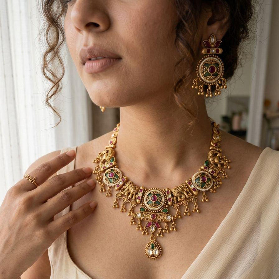 Pota Stone and Pearl Elephant Motif Necklace in Sterling | Bridal Jewellery India