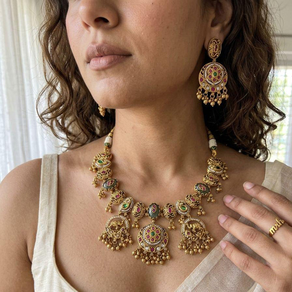 Pota Stone Pearl Necklace Set in Gold Tone | Bridal Jewellery India