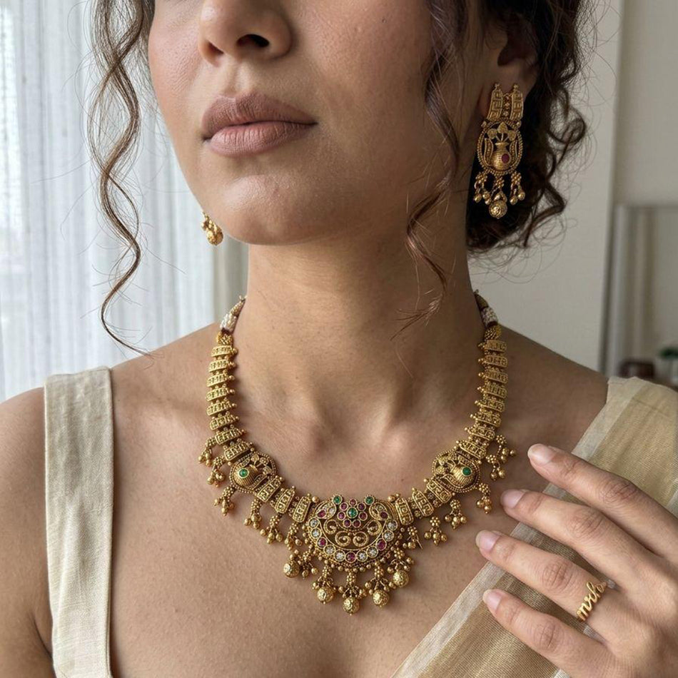 Pota Stone Beads in Rose Gold Plated Necklace Set | Bridal Jewellery India