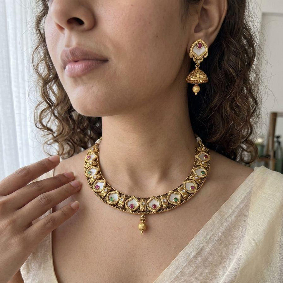 Rose Gold Plated Pota Stone Layered Necklace Set | Bridal Jewellery India