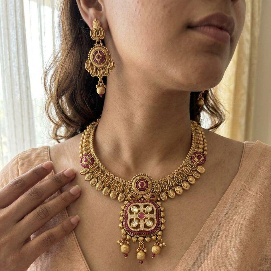 Rose Gold Plated Pota Stone Beads Necklace Set | Bridal Jewellery India