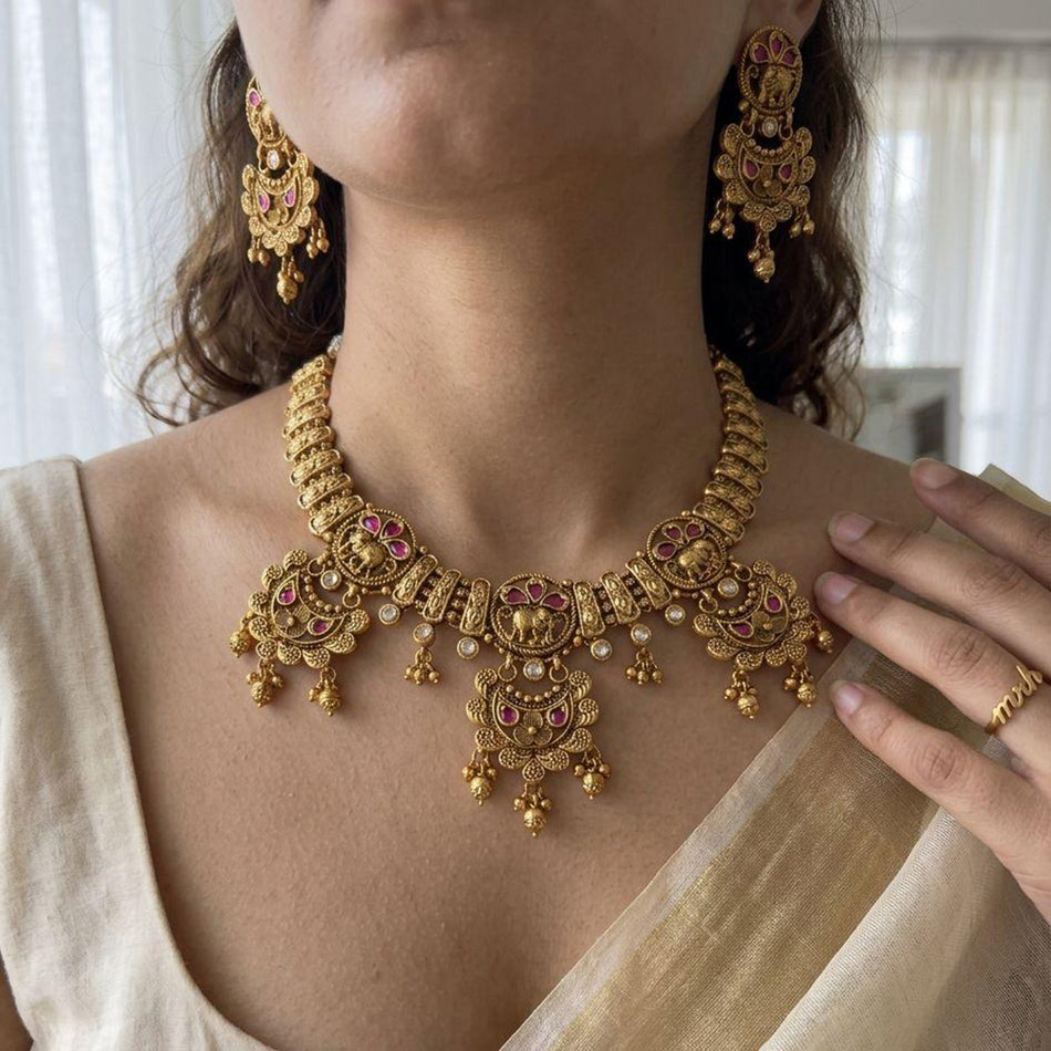 Rose Gold Plated Pota Stone Bead Necklace Set | Bridal Jewellery India