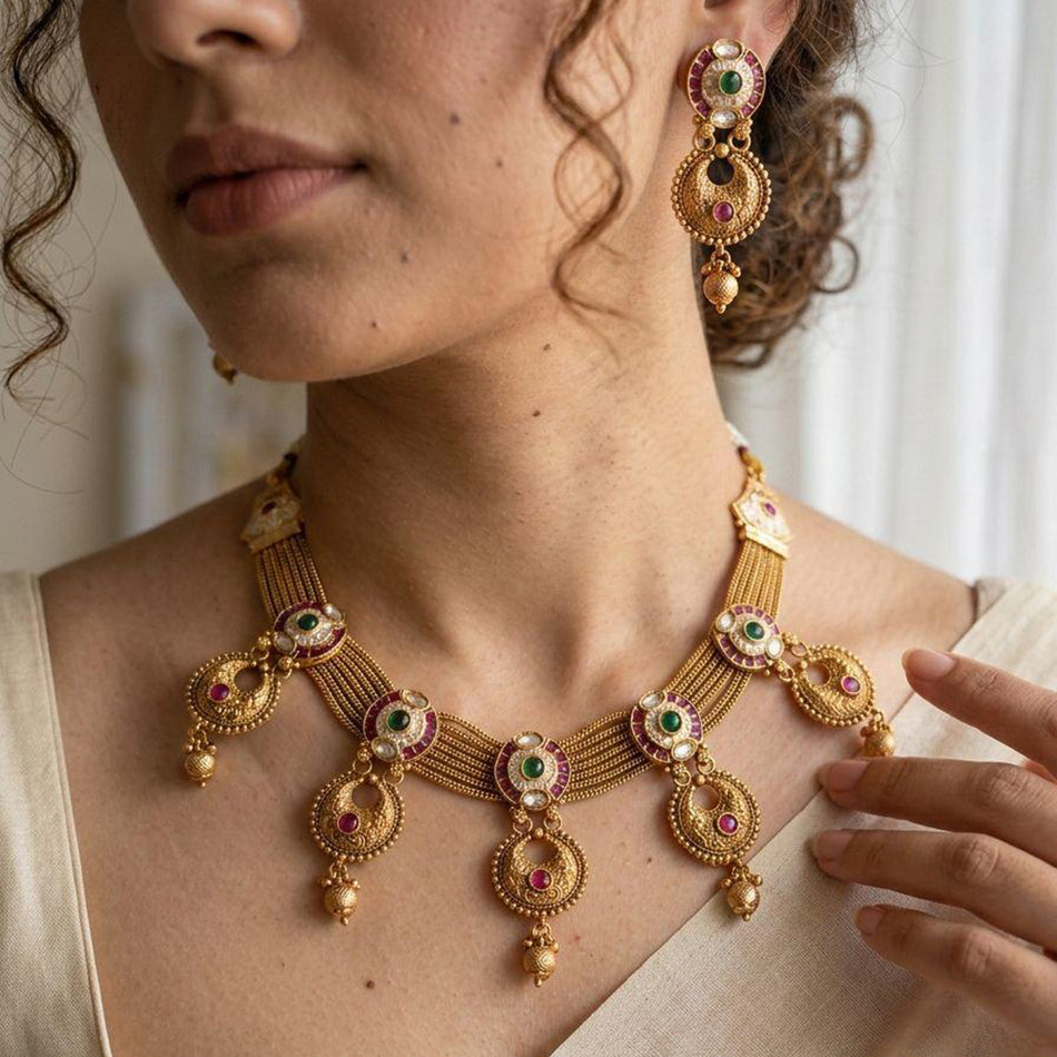 Pota Stone Necklace in Gold Tone | Bridal Jewellery India